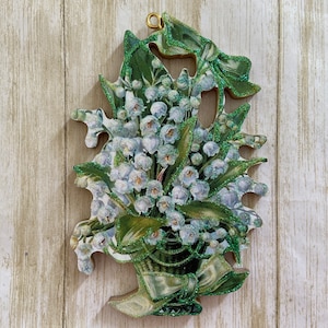 Lily of the Valley in Basket ~ Floral Ornament ~ Vintage Card Image ~ Glitter and Wood ~ Holiday Tree Decoration