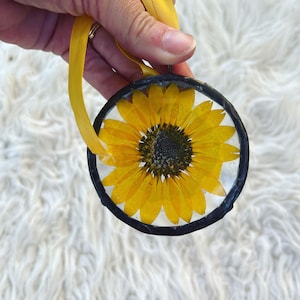 Pressed sunflower  glass ornament hand soldered pressed flower ornament